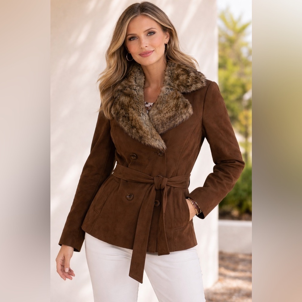 Chicos Faux Suede And fur Collar Short Coat Brown Vintage‎ Style Large